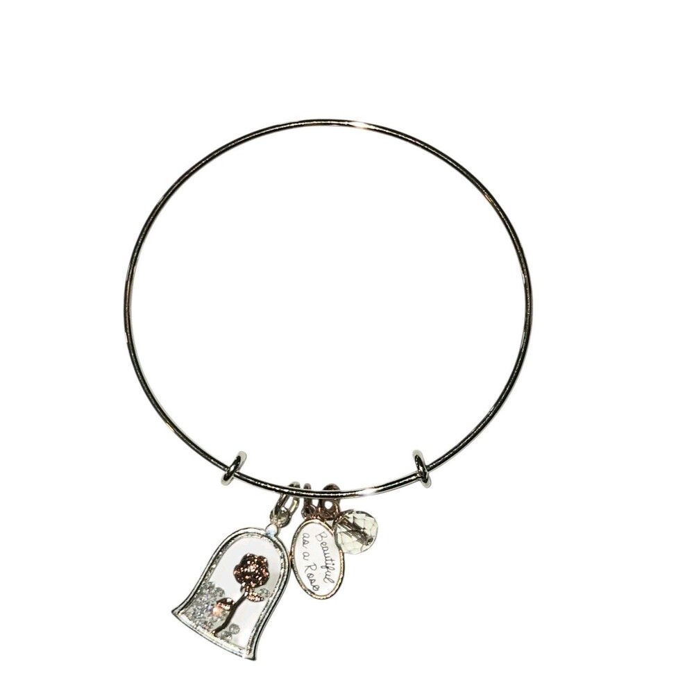 Disney Silver Over Brass CZ Rose Charm Beauty & The Beast Bangle Bracelet 8.5"